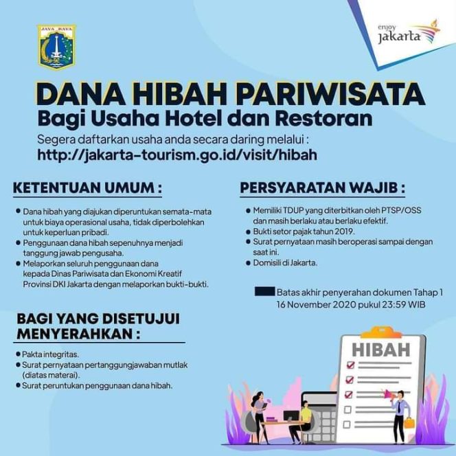 
					Bisa Daftar Secara Daring: Dinas Pariwisata DKI Salurkan Hibah Pariwisata Industri dan Restoran