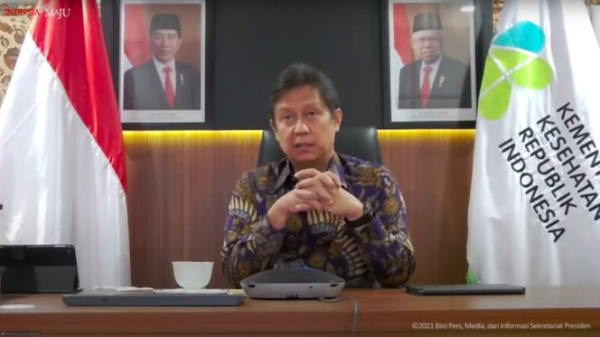 
					Menkes Budi Gunadi Sadikin dalam Keterangan Pers usai Rapat Terbatas mengenai Evaluasi Pemberlakuan Pembatasan Kegiatan Masyarakat (PPKM), Senin (27/09/2021) sore. (Sumber: Tangkapan Layar YouTube Sekretariat Presiden)