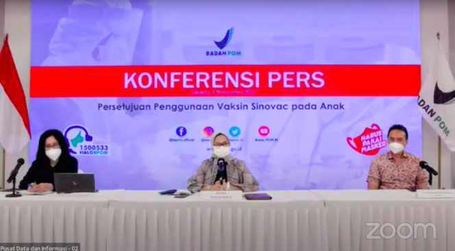 
					Keterangan Pers mengenai Izin Penggunaan Vaksin COVID-19 Sinovac untuk Anak 6-11 tahun, Senin (01/11/2021). (Foto: Tangkapan Layar YouTube BPOM)