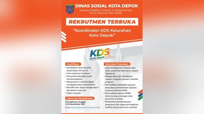 
					Dinsos Depok Buka Rekrutmen Koordinator KDS, Berikut Cara Daftarnya