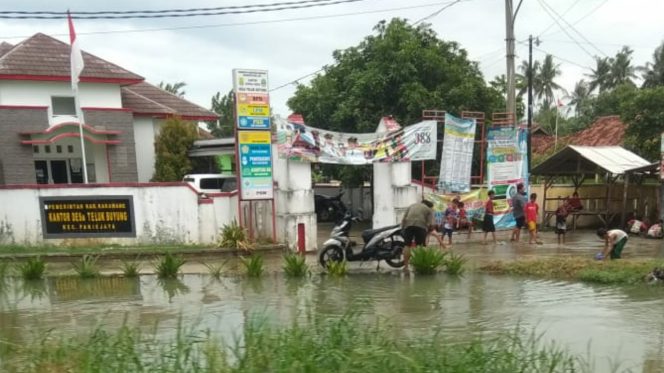 
					Kantor Desa Telukbuyung dan Jalan Raya digenangi luapan air irigasi.