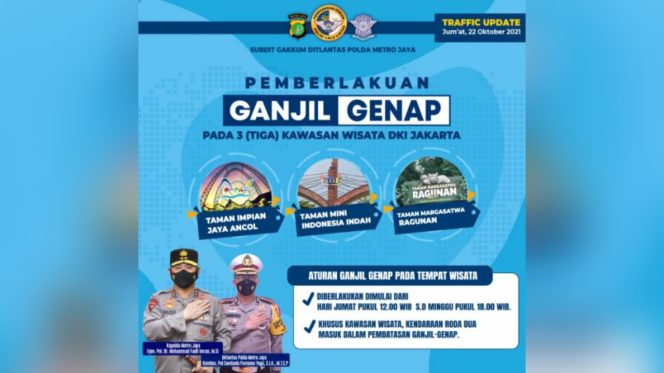
					Polda Metro Jaya Berlakukan Ganjil Genap di 3 Kawasan Wisata Ini