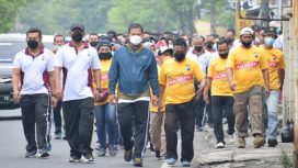 Kapolresta Sidoarjo Kombes Pol Kusumo Wahyu Bintoro saat jantung sehat bersama wartawan ,Sabtu (4/12/21)