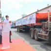 Menteri Perhubungan, Budi Karya Sumadi, melepas secara simbolis ekspor tahap pertama sebanyak 262 gerbong barang jenis container flat top wagon ke Selandia Baru. Jumat (31/12/2021).