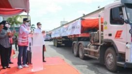Menteri Perhubungan, Budi Karya Sumadi, melepas secara simbolis ekspor tahap pertama sebanyak 262 gerbong barang jenis container flat top wagon ke Selandia Baru. Jumat (31/12/2021).