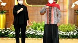 Gubernur Jawa Timur Khofifah Indar Parawansa bersama  Ketua DPR RI Puan Maharani di Gedung Negara Grahadi, Rabu (2/3/2022).