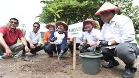 Penjabat (Pj.)j Bupati Pasuruan, Dr. Andriyanto, melakukan penanaman pohon di Kawasan Industri Wisata Industri Sumber Nyamplung, Dusun Tembong, Desa Plintahan, Kecamatan Pandaan, Sabtu (03/02/2024).