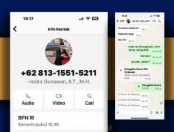 tangkapan layar dan pesan WhatsApp penipuan dari seseorang yang mengaku sebagai Kepala BPN Kota Depok. (Foto: Ist)