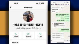 tangkapan layar dan pesan WhatsApp penipuan dari seseorang yang mengaku sebagai Kepala BPN Kota Depok. (Foto: Ist)