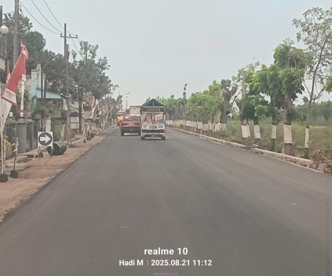 Kondisi Proyek Pelebaran Jalan Batas Kabupaten Lumajang - Batas Kabupaten Jember yang sudah selesai di lebarkan