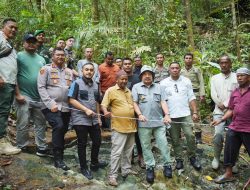 Bupati Nagan Raya Teuku Raja Keumangan dan romboongan berdiri di atas batu giok 5000 ton yang baru ditemukan. (Diskominfo.Nara)
