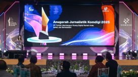 Menkomdigi Meutya Hafid saat sambutan pada Puncak Anugerah Jurnalistik Komdigi 2025 di Balairung Sosesilo Soedarman, Gedung Sapta Pesona, Jakarta Pusat, Rabu (19/11/2025). (Komdigi)