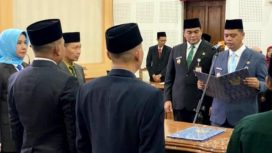 Bupati Jepara H. Witiarso Utomo Lantik 57 pejabat struktural dan fungsional di lingkungan Pemerintah Kabupaten Jepara yang di selenggarakan di Gedung Shima Kamis 12/3/2026).