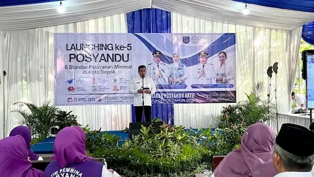 Sekda Kota Depok,  Mangnguluang Mansur memberikan sambutan pada Peresmian Posyandu Matahari RW 18 Kelurahan Mekarsari Kecamatan Sukmajaya dengan enam SPM. (Dok. Diskominfo)